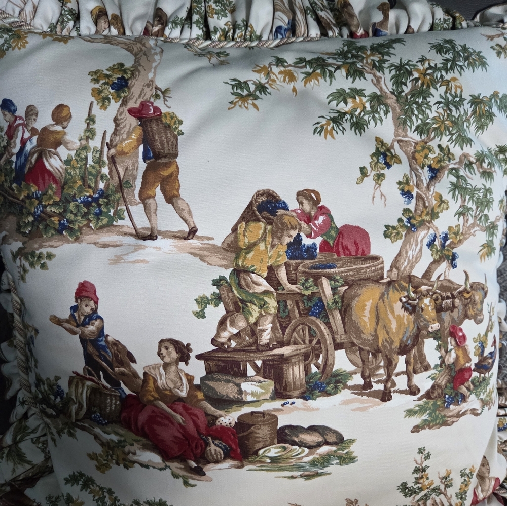 French Country Toile Ruffled Throw Pillows with Rustic Scene - Picture 8 of 17